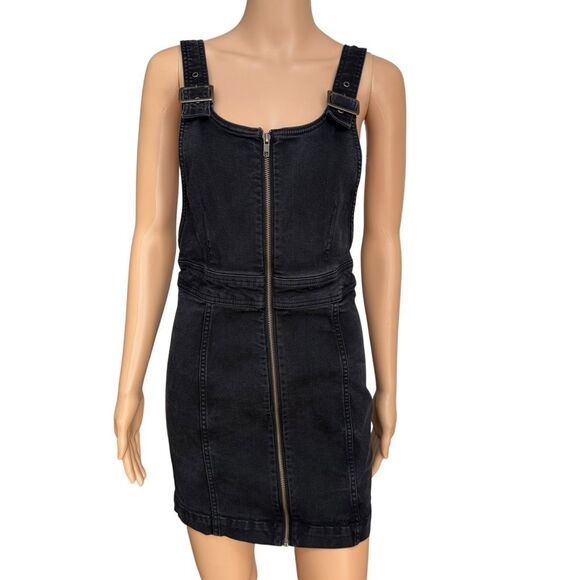 Free People front zip black denim dress overalls size 8 stretch - Picture 1 of 7
